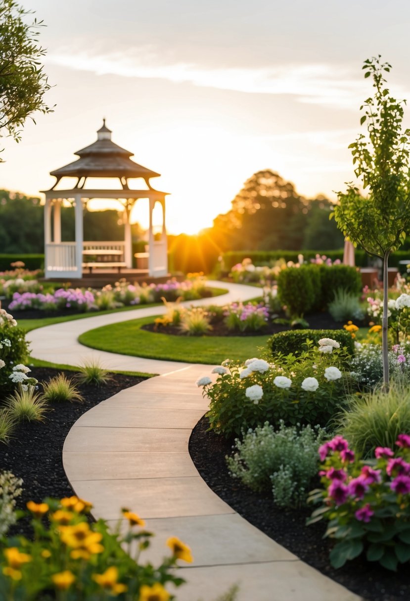 A serene garden with a gazebo, blooming flowers, and a winding path leading to the venue's entrance. The sun sets in the background, casting a warm glow over the scene