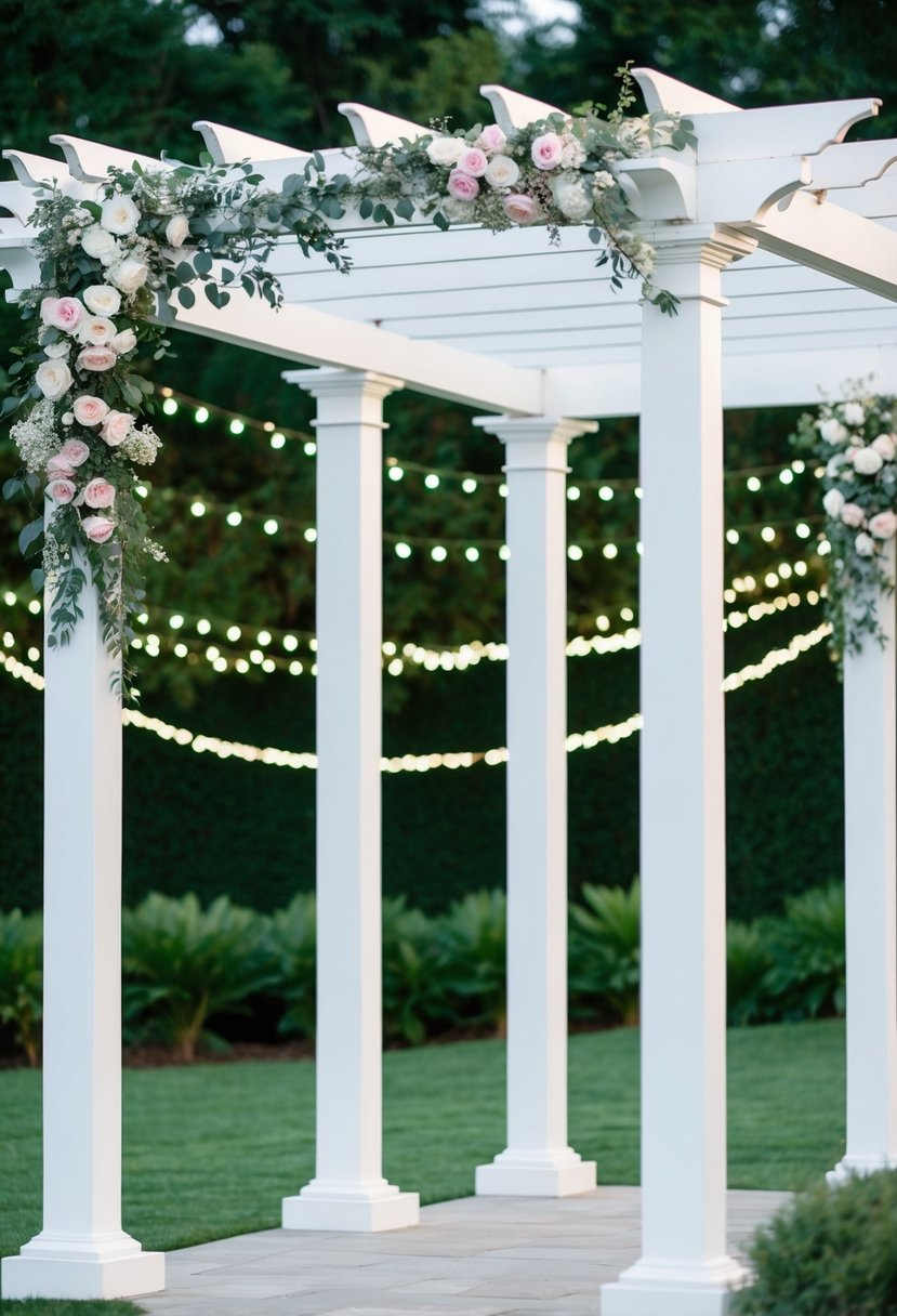 A white pergola adorned with flowers and draped fabric, set against a backdrop of lush greenery and twinkling string lights