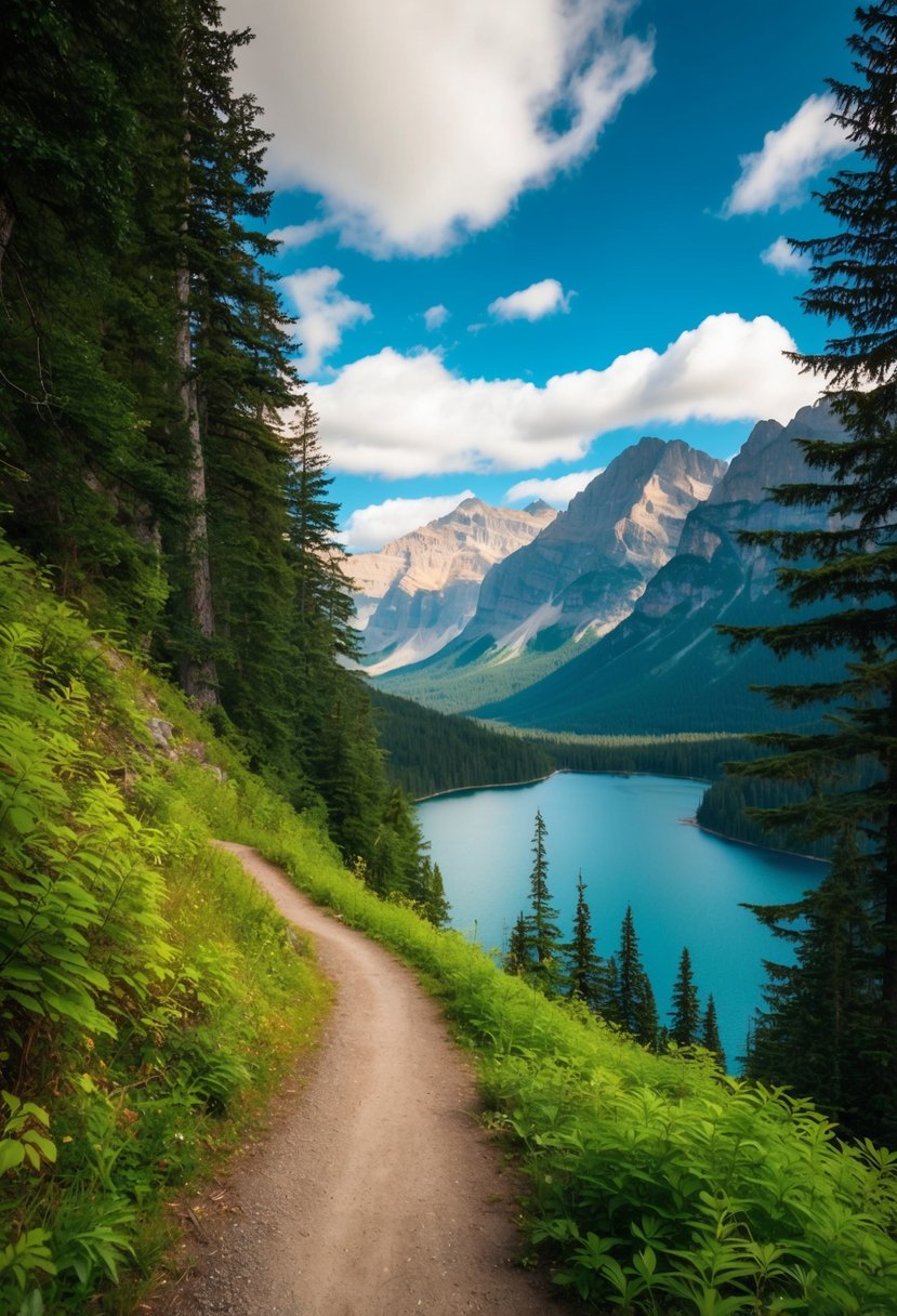 A winding trail through lush forest, leading to a breathtaking vista of mountains and a serene lake