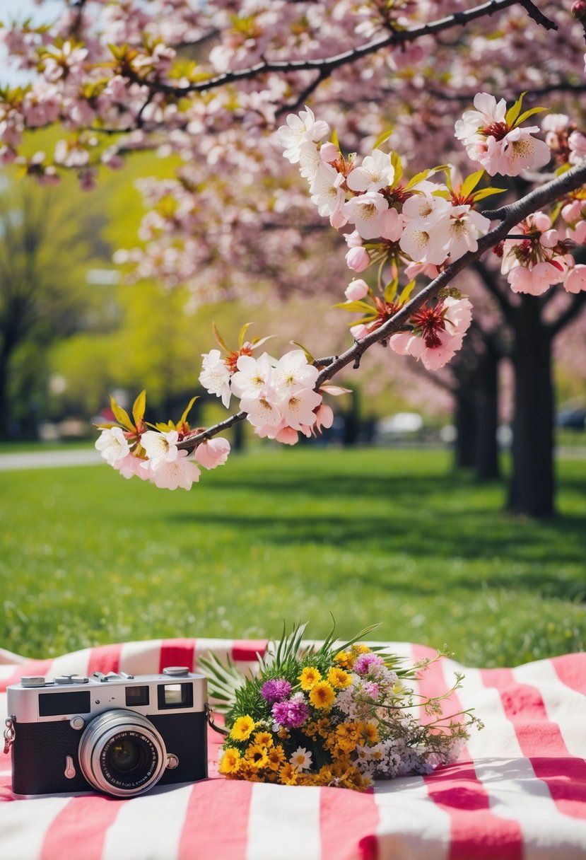 A picnic blanket spread out under a blooming cherry blossom tree, with a vintage camera and a bouquet of wildflowers