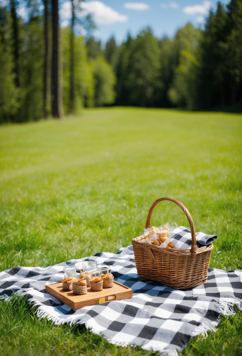 A sunny, grassy clearing in a lush forest, with a checkered blanket spread out and a wicker basket filled with gourmet treats