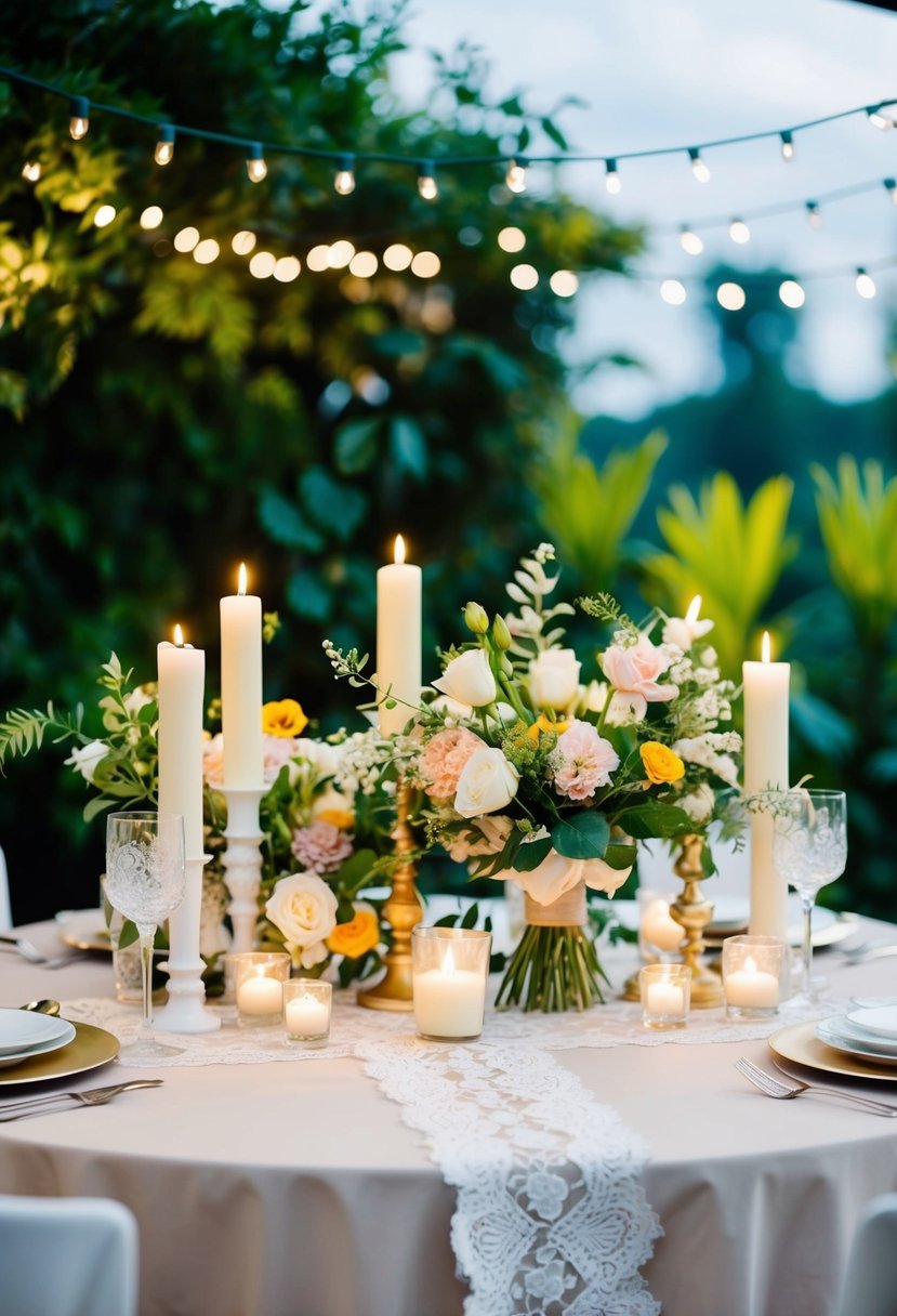 A table adorned with fresh flowers, elegant candles, and delicate lace table runners, set against a backdrop of lush greenery and twinkling fairy lights