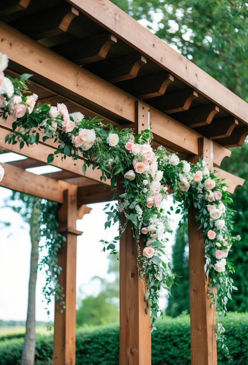 A wooden pergola adorned with cascading floral garlands