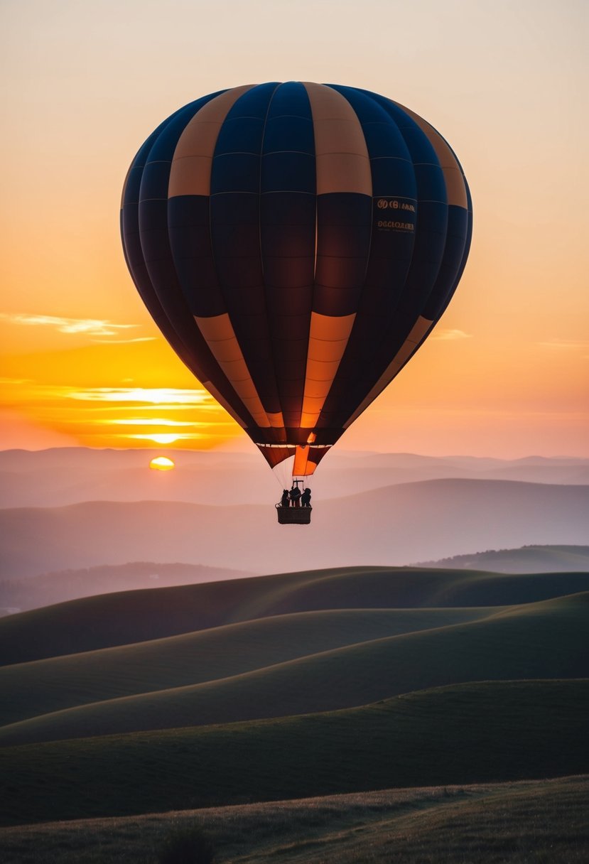 A hot air balloon floats above rolling hills at sunset, with a couple inside admiring the view