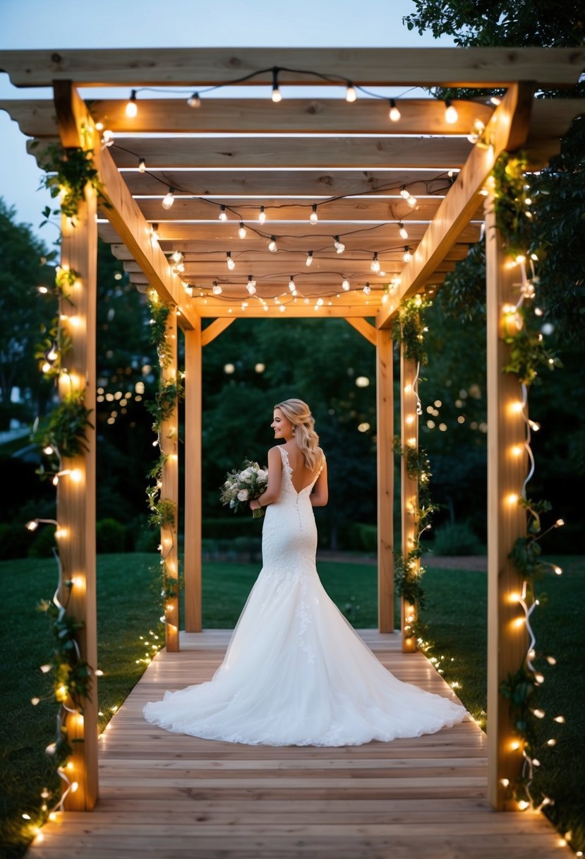 A wooden wedding pergola adorned with twinkling fairy lights, creating a magical and romantic ambiance