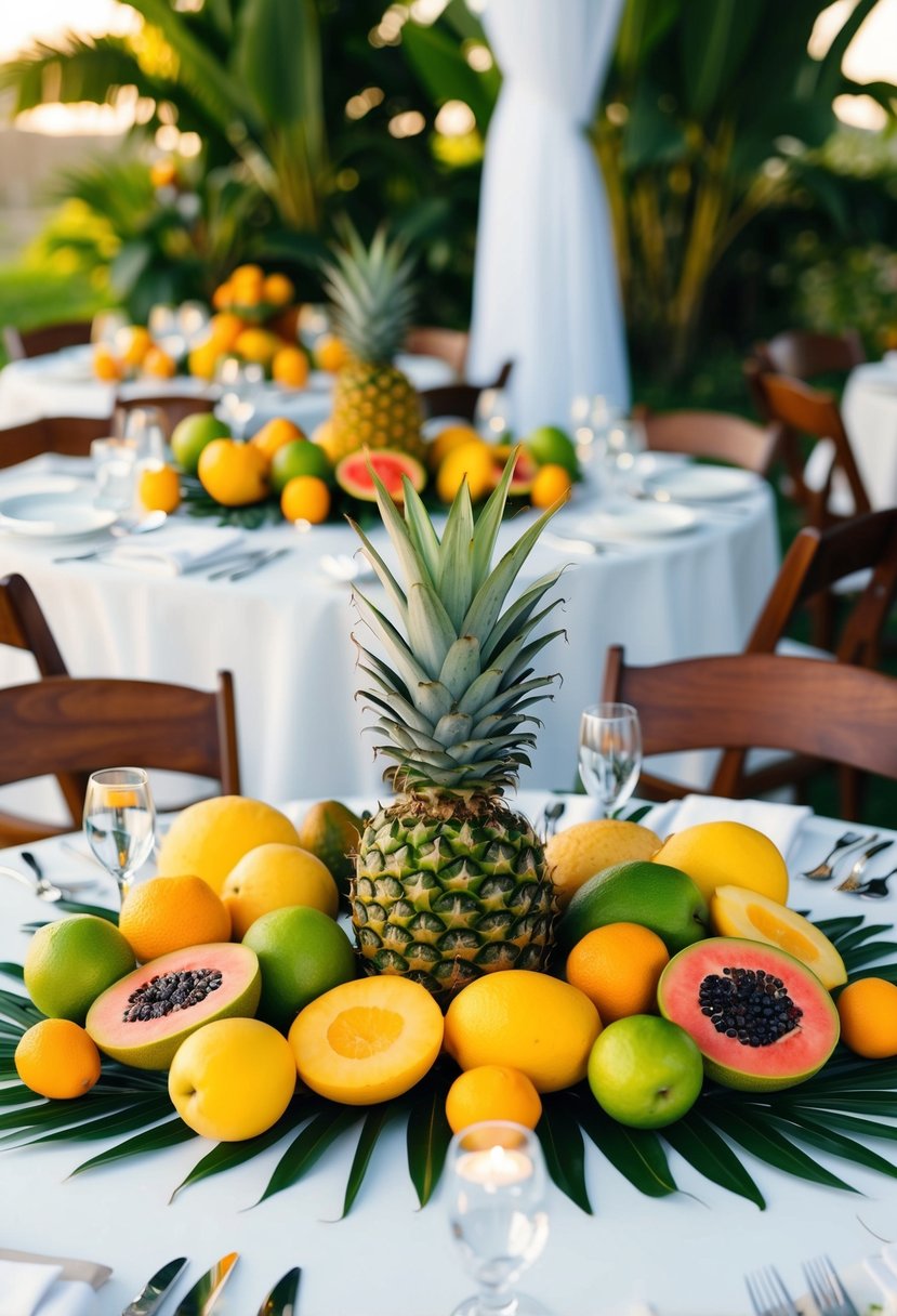 A table adorned with vibrant tropical fruits arranged as centerpieces for a summer wedding celebration