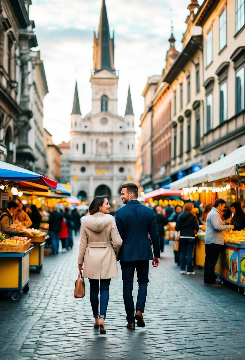 A couple strolling through a bustling city square surrounded by historic buildings and colorful street vendors