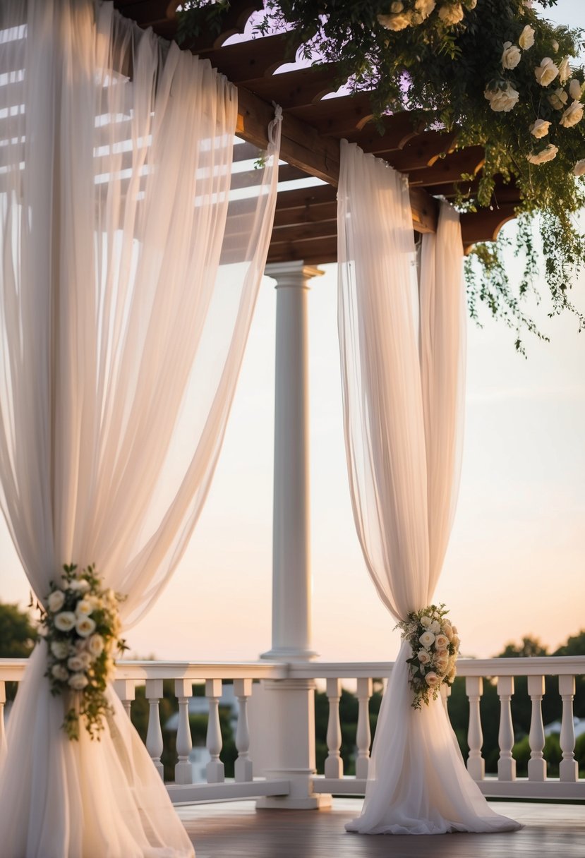 A wedding pergola adorned with billowing romantic sheer curtains, gently swaying in the breeze, creating an elegant and dreamy ambiance