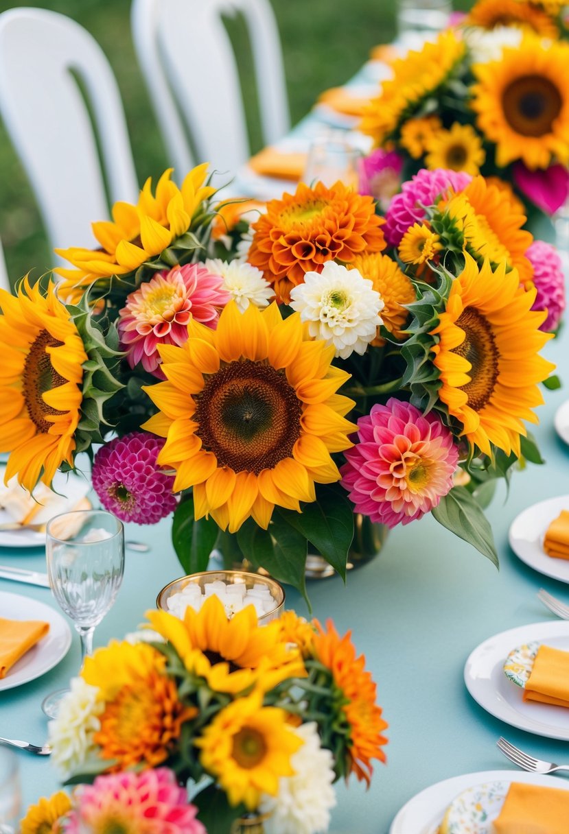 A table adorned with vibrant sunflower and dahlia arrangements, creating a cheerful and colorful summer wedding centerpiece