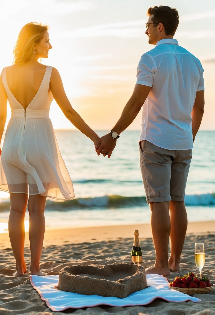 A couple standing on a beach at sunset, holding hands and looking out at the ocean. A heart-shaped sand sculpture and a picnic blanket with champagne and strawberries nearby