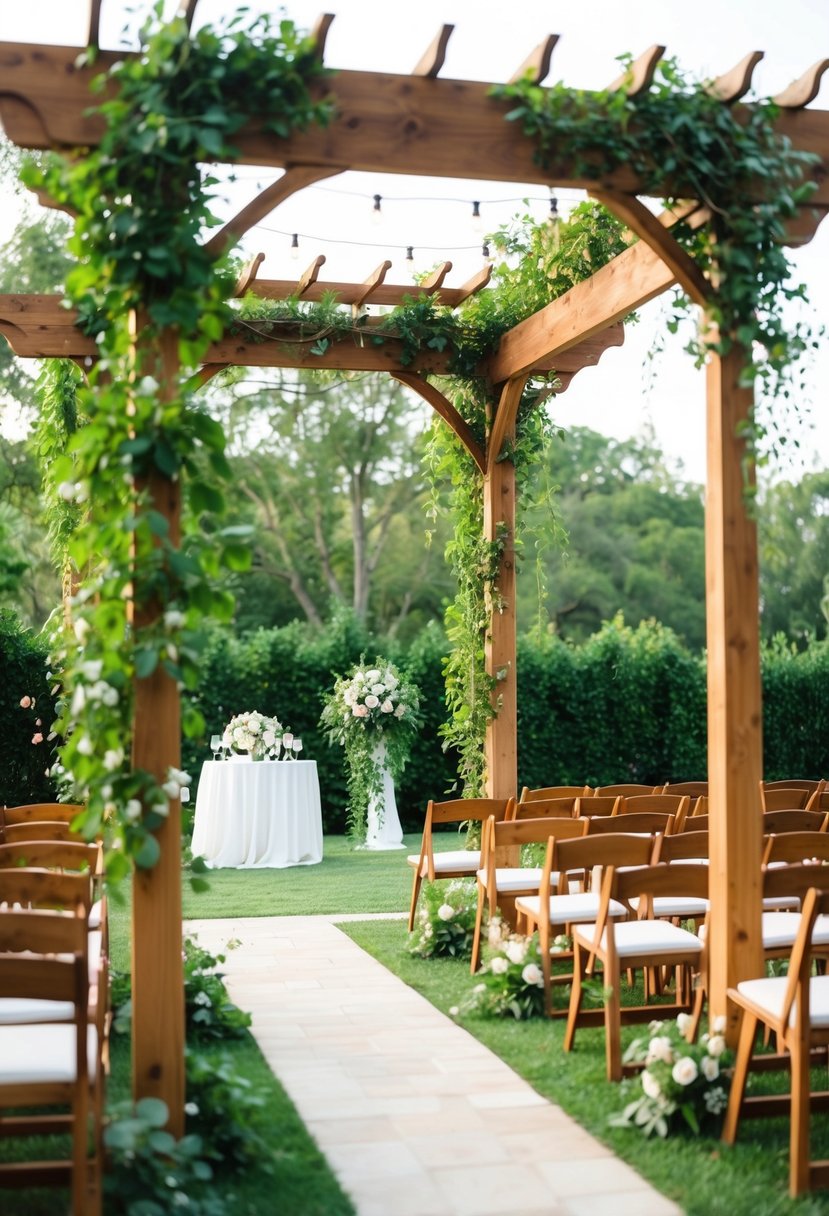 A wooden pergola adorned with lush greenery and vines, creating a romantic and natural backdrop for a wedding ceremony