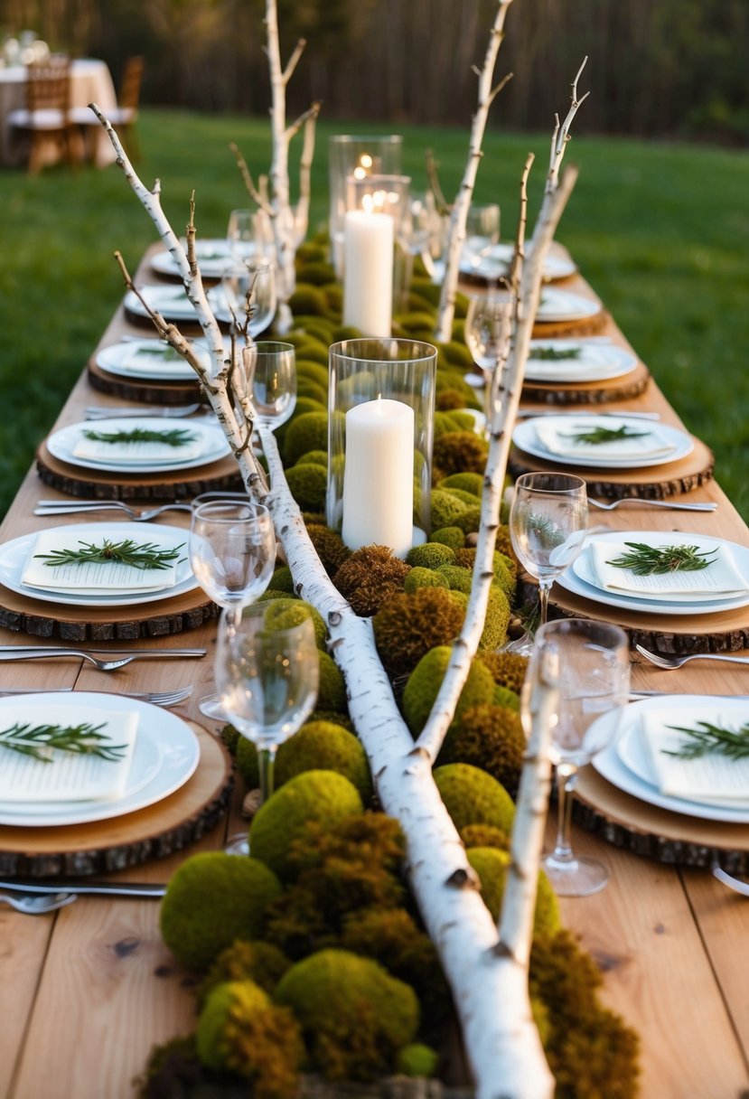 A wooden table adorned with birch branches, moss, and rustic decor for a summer wedding