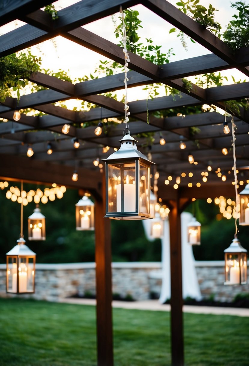 A pergola adorned with hanging lanterns for a wedding celebration