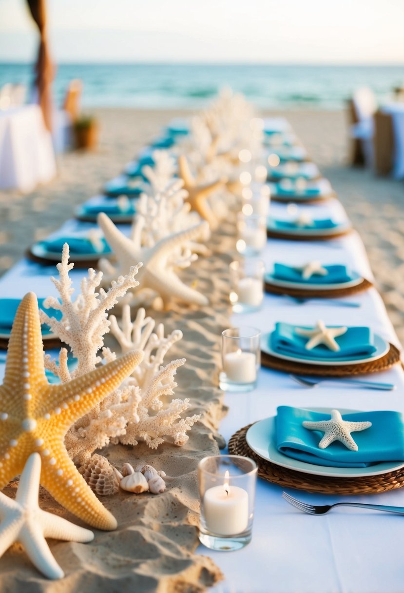 A beach-themed wedding table adorned with starfish and coral, evoking a touch of summer