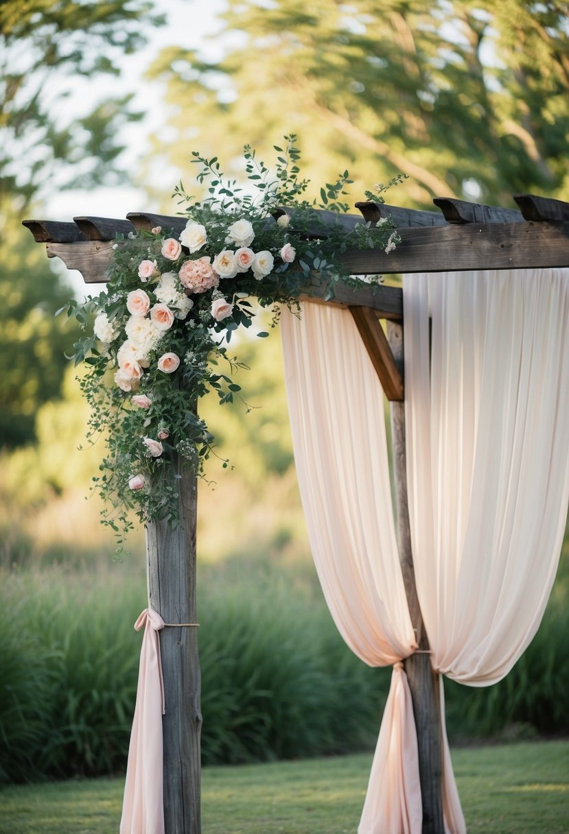 A rustic wooden pergola adorned with flowers and draped fabric, surrounded by nature