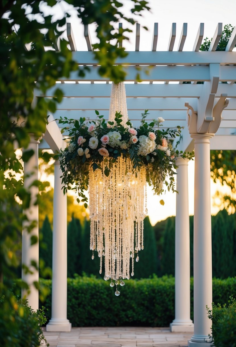 A pergola adorned with a cascading floral chandelier, surrounded by lush greenery and softly lit by warm evening sunlight