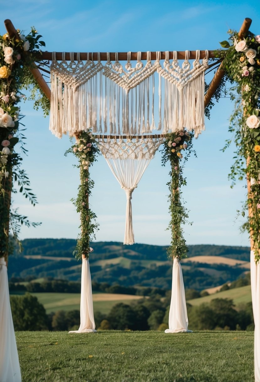 A macramé hanging wedding pergola adorned with flowers and greenery, set against a backdrop of rolling hills and a clear blue sky