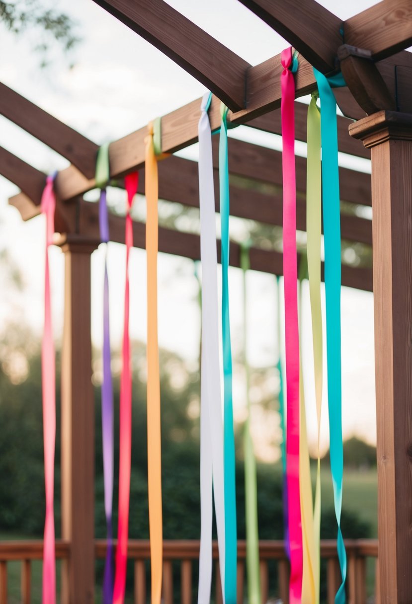 Colorful ribbon streamers adorn a wedding pergola, flowing in the breeze