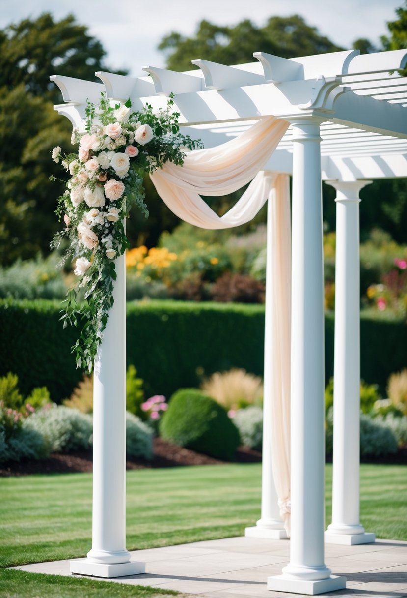 A white pergola adorned with fresh flowers and draped with flowing fabric, set against a lush garden backdrop