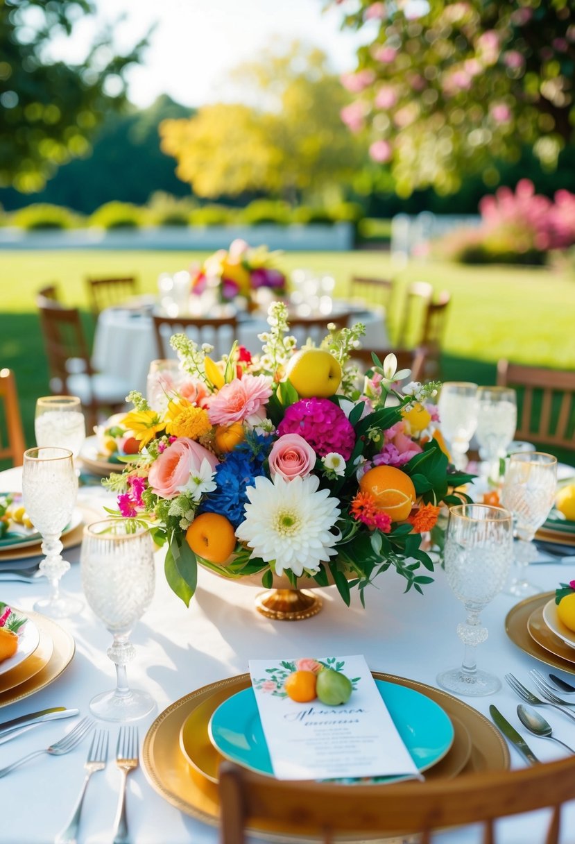 A vibrant summer wedding table adorned with fresh floral centerpieces, colorful fruits, and elegant tableware