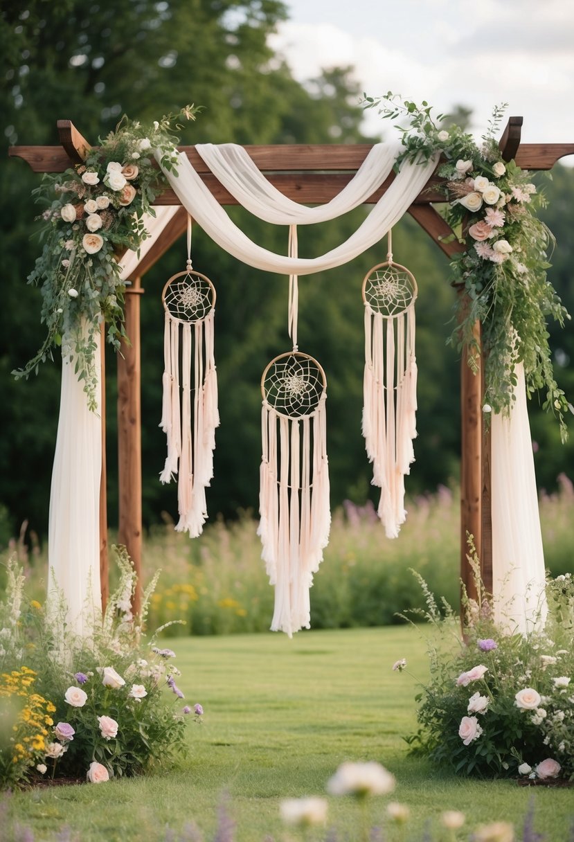 A wedding pergola adorned with bohemian dreamcatchers, draped with flowing fabric and surrounded by lush greenery and wildflowers