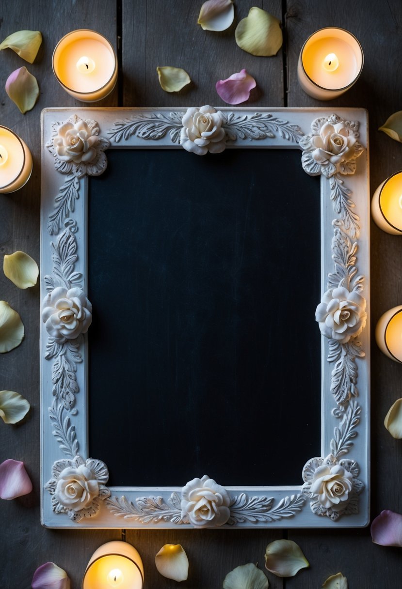 A rustic chalkboard with elegant floral and decorative border designs, surrounded by soft candlelight and scattered rose petals