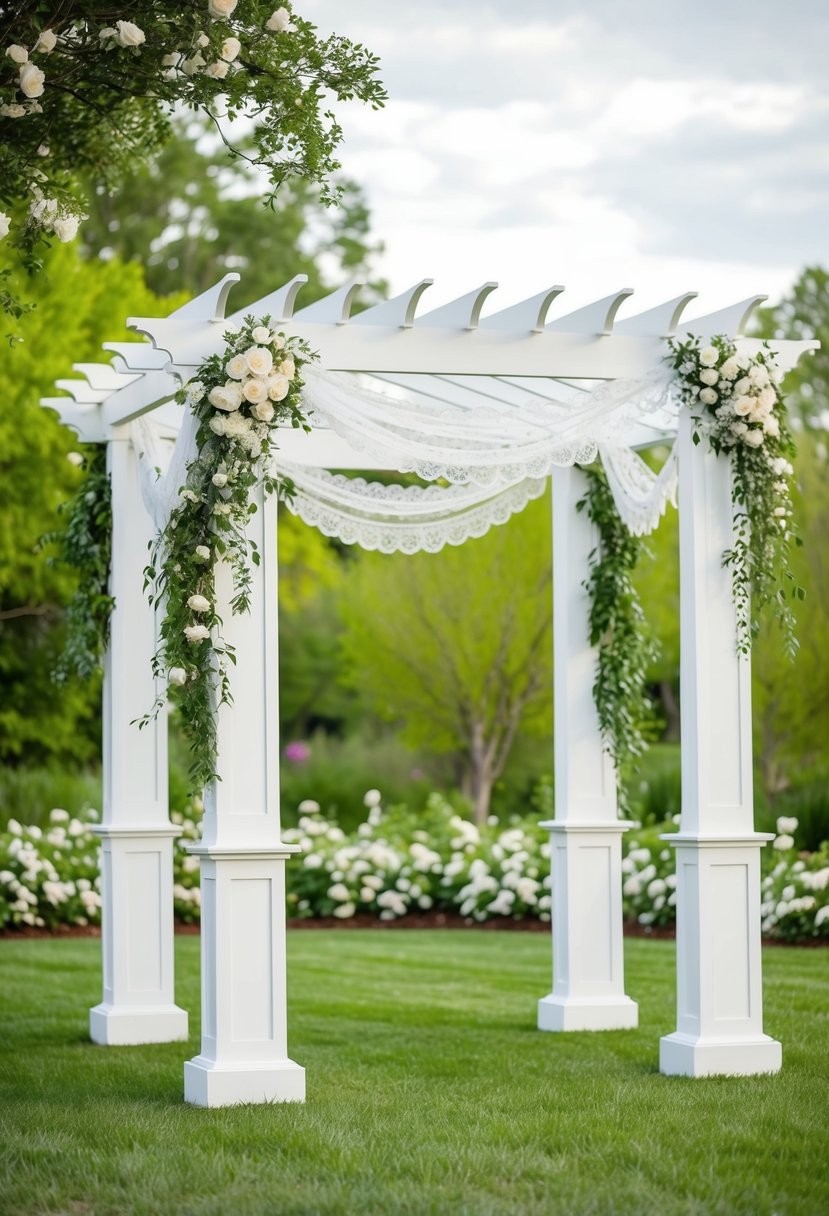 A white wedding pergola adorned with delicate lace accents, surrounded by lush greenery and blooming flowers