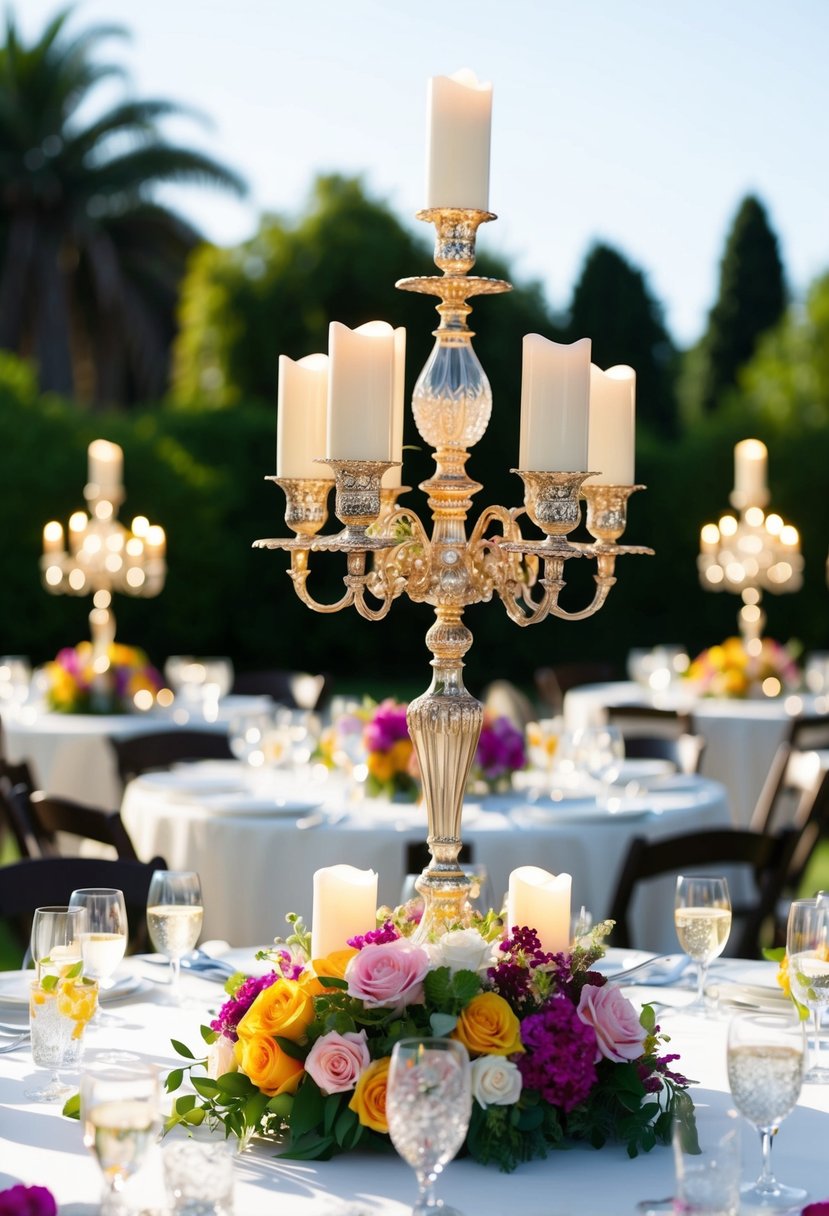 A summer wedding table adorned with opulent candelabra alternatives, featuring vibrant floral arrangements and flickering candlelight