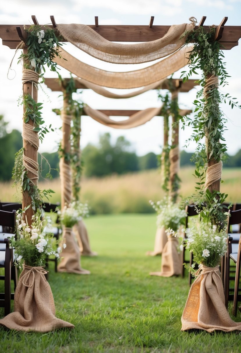 A rustic wedding pergola adorned with burlap and twine, intertwined with delicate greenery and wildflowers, creating a charming and natural ambiance