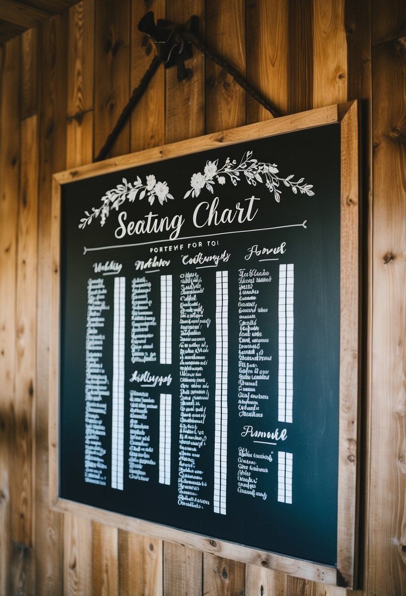 A rustic chalkboard hangs on a wooden wall, displaying a seating chart for a wedding. It is adorned with delicate floral designs and elegant calligraphy