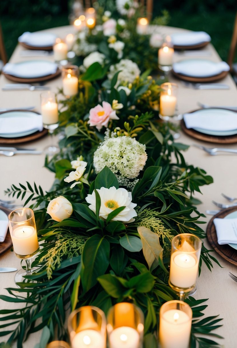 A lush greenery centerpiece adorns a summer wedding table, accented with delicate flowers and surrounded by flickering candlelight