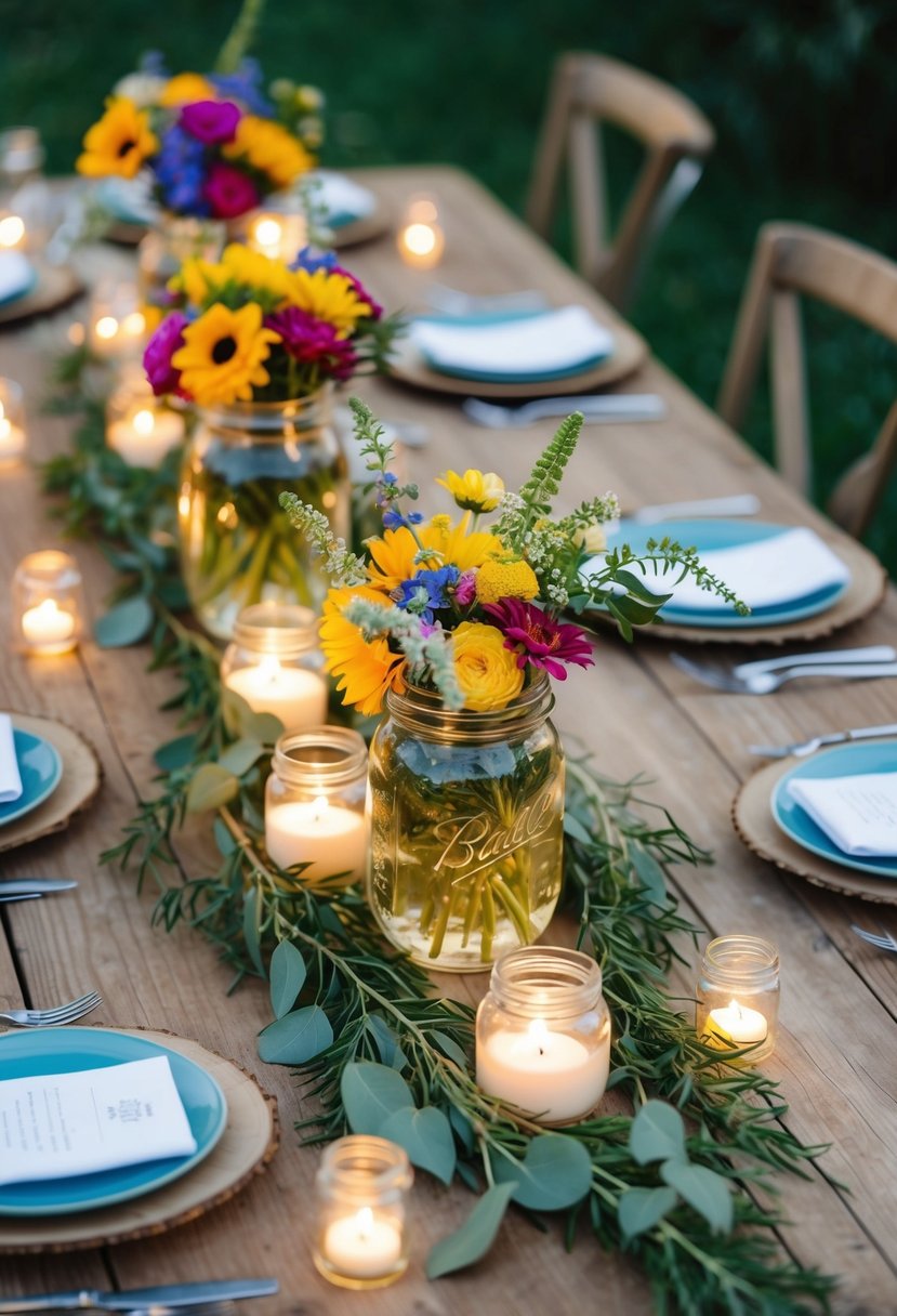 A rustic wooden table adorned with mason jar centerpieces filled with vibrant summer flowers, surrounded by flickering tea lights and scattered with delicate greenery