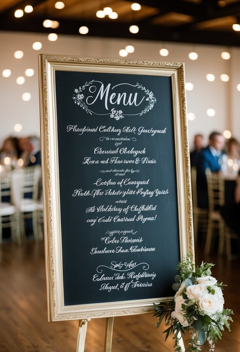 A chalkboard menu adorned with elegant calligraphy for a wedding