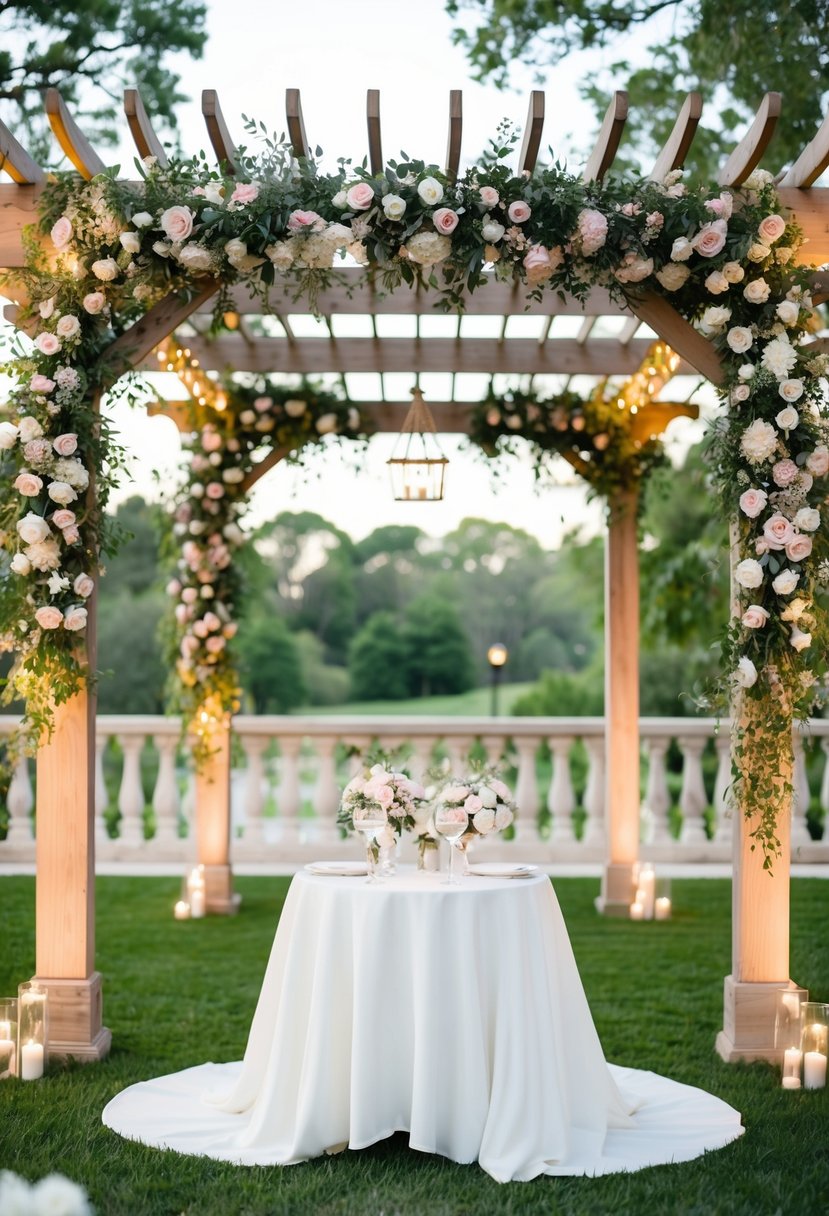 A charming sweetheart table sits beneath a floral-adorned wedding pergola, with soft lighting and elegant decor creating a romantic atmosphere