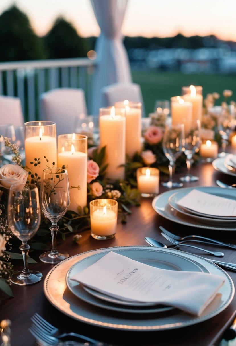 A table set with flickering candles, delicate flowers, and elegant place settings creates a romantic and enchanting atmosphere for a summer wedding evening