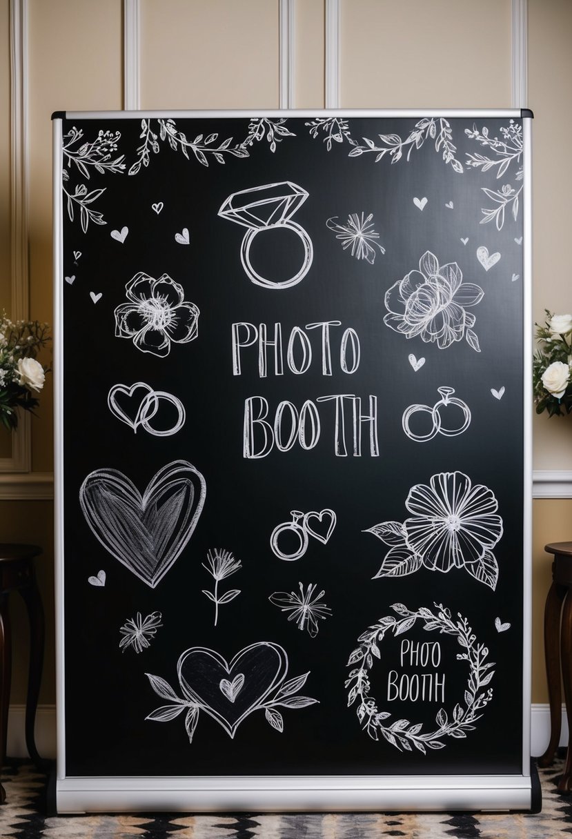 A photo booth backdrop with whimsical chalk drawings of wedding-related imagery, such as hearts, rings, and flowers, adorning a large chalkboard