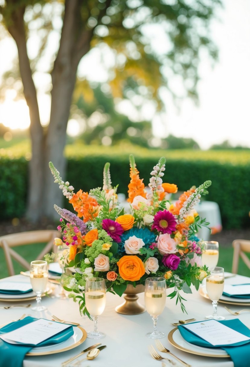 A table adorned with vibrant, affordable floral arrangements for a summer wedding