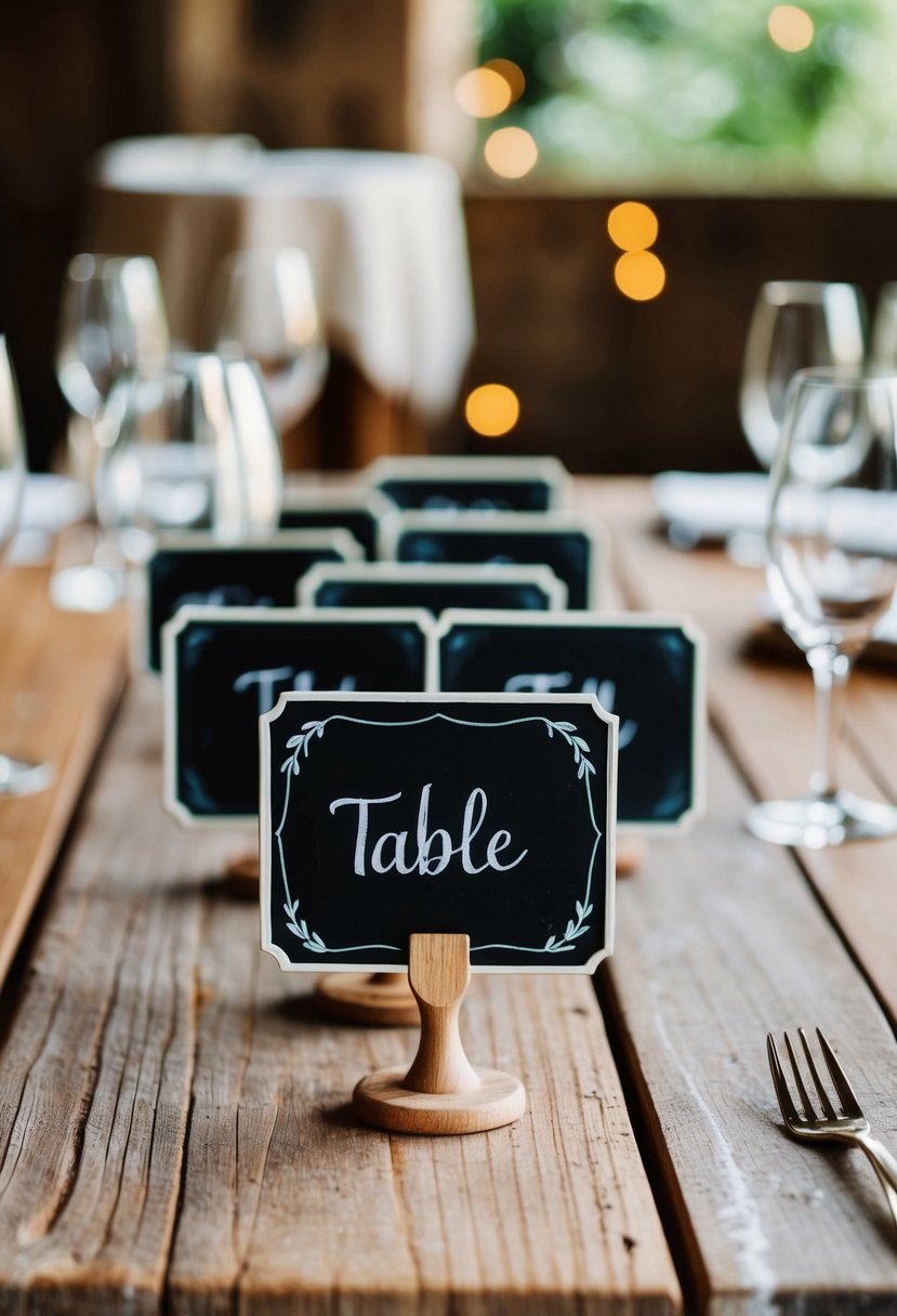 Mini chalkboards with table numbers arranged on a rustic wooden table