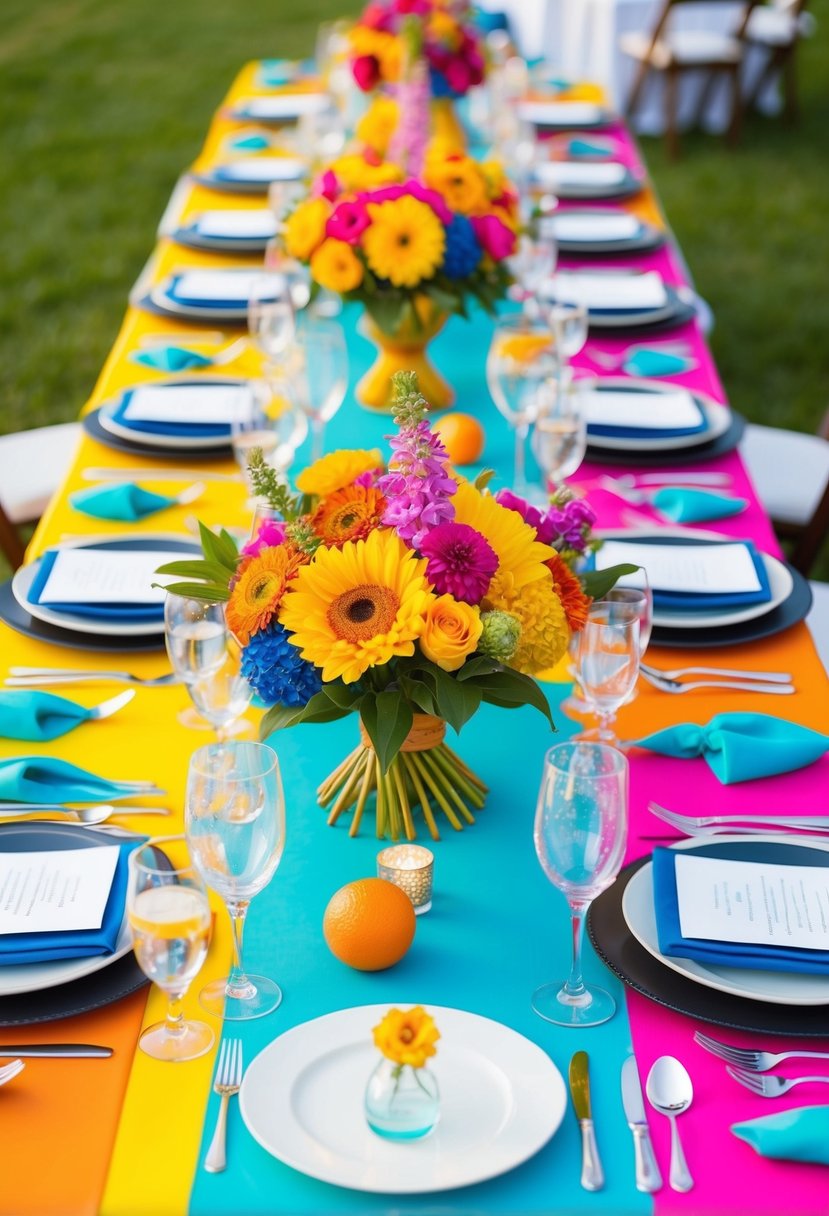 A vibrant summer wedding table adorned with bold and bright color schemes, featuring floral centerpieces and elegant place settings