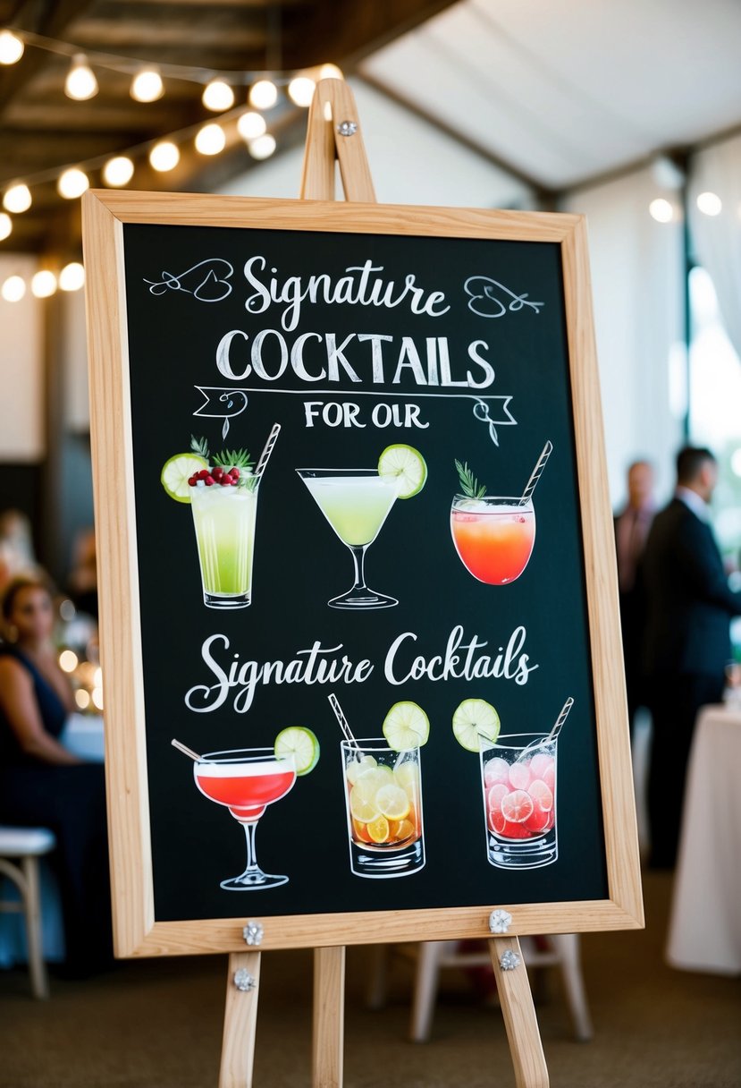 A chalkboard with artistic illustrations of signature cocktails for a wedding reception