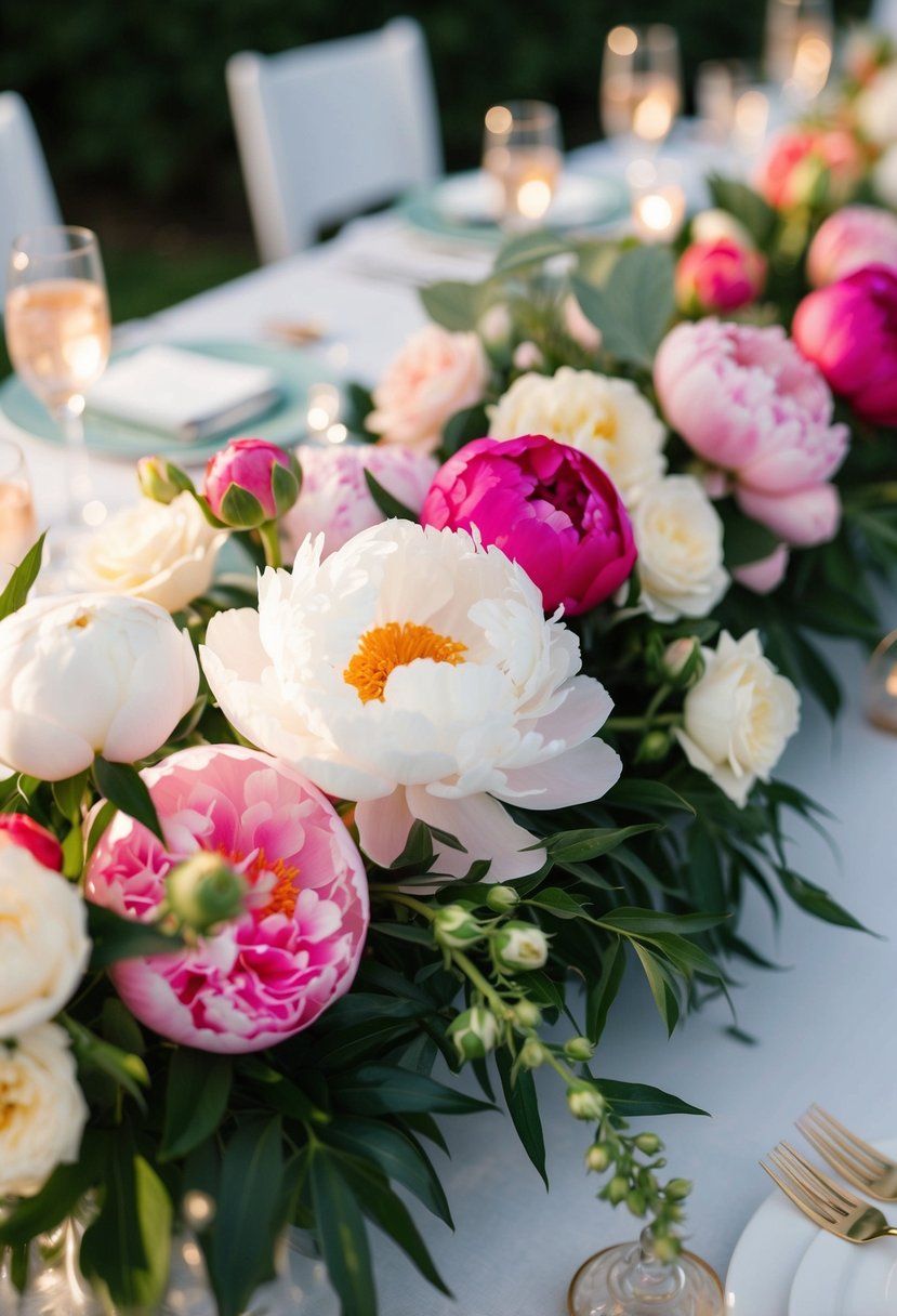 A table adorned with a mix of peonies and roses, creating a vibrant and elegant summer wedding centerpiece