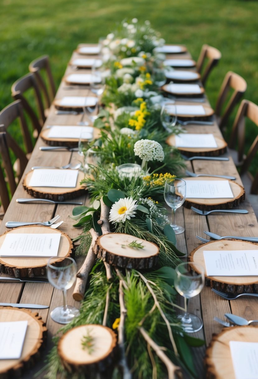 A rustic wooden table adorned with fresh greenery, wildflowers, and natural wood elements like tree slices, bark, and twigs for a summer wedding decoration