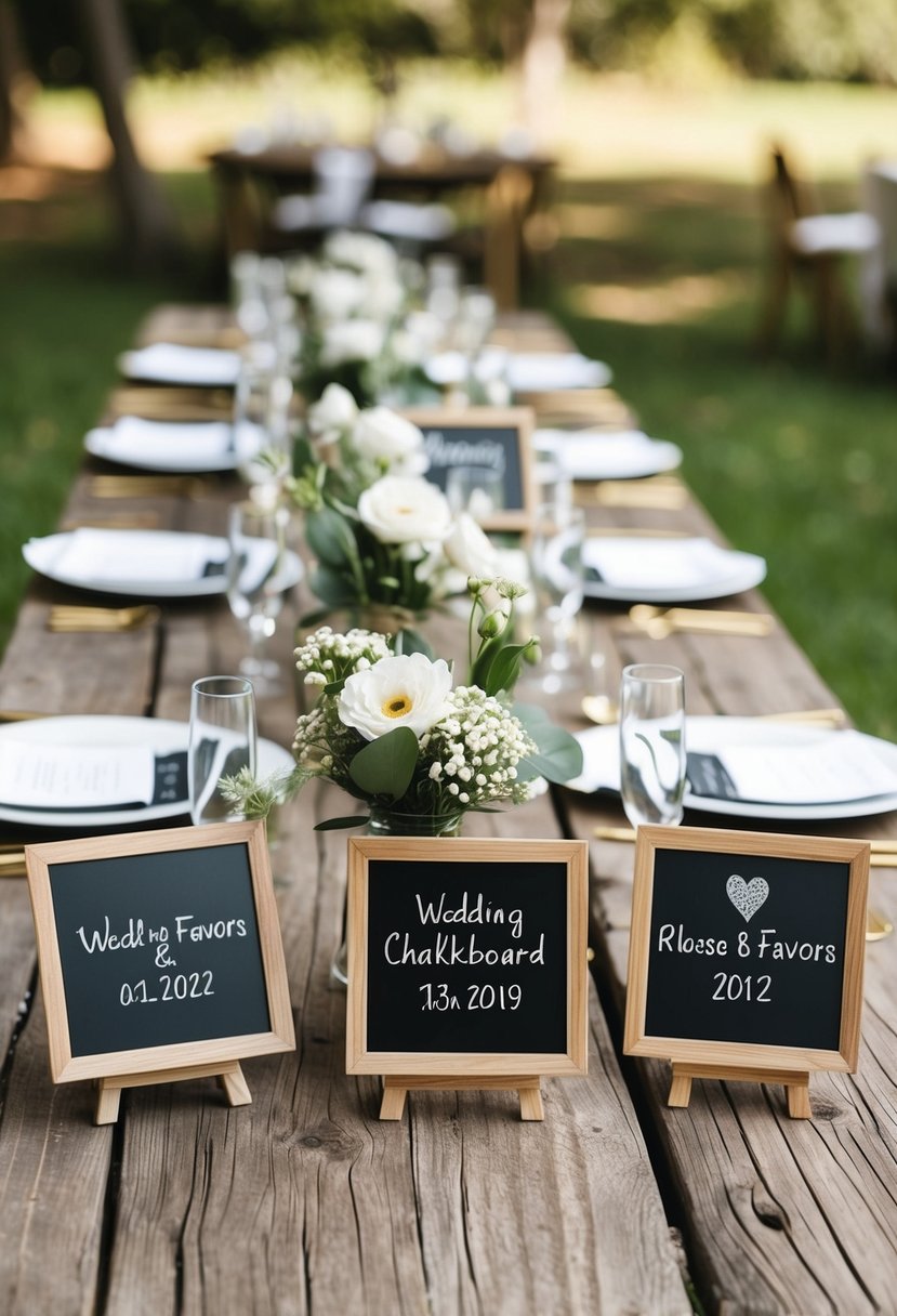 A rustic wooden table adorned with personalized chalkboard wedding favors and creative wedding chalkboard ideas