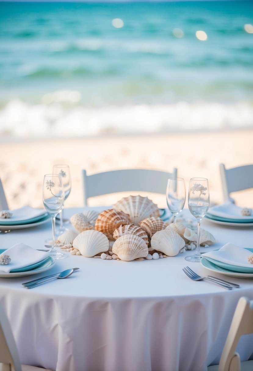 A table adorned with seashell accents, delicate and elegant, set against a backdrop of soft, sandy beaches and the shimmering blue sea