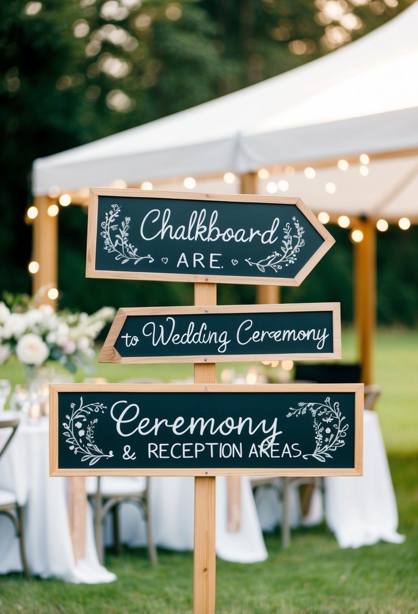 Chalkboard signs point to wedding ceremony and reception areas