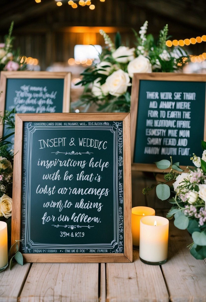 A rustic wedding setting with chalkboards adorned with inspirational quotes, surrounded by floral arrangements and soft candlelight