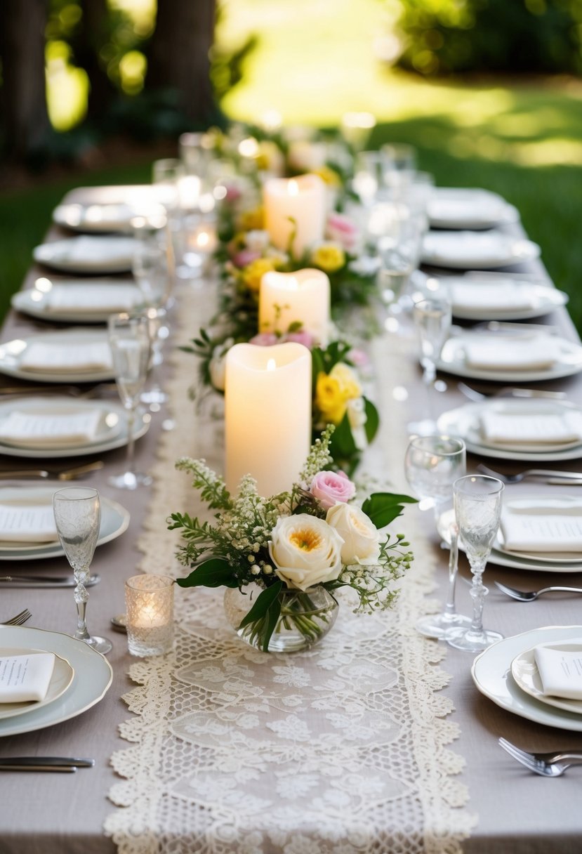 A vintage lace table runner adorns a summer wedding table, surrounded by delicate floral centerpieces and glowing candlelight