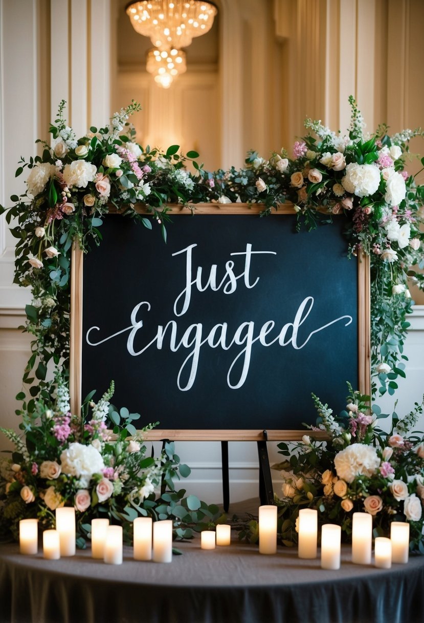 A chalkboard with 'Just Engaged' message surrounded by floral arrangements and romantic lighting