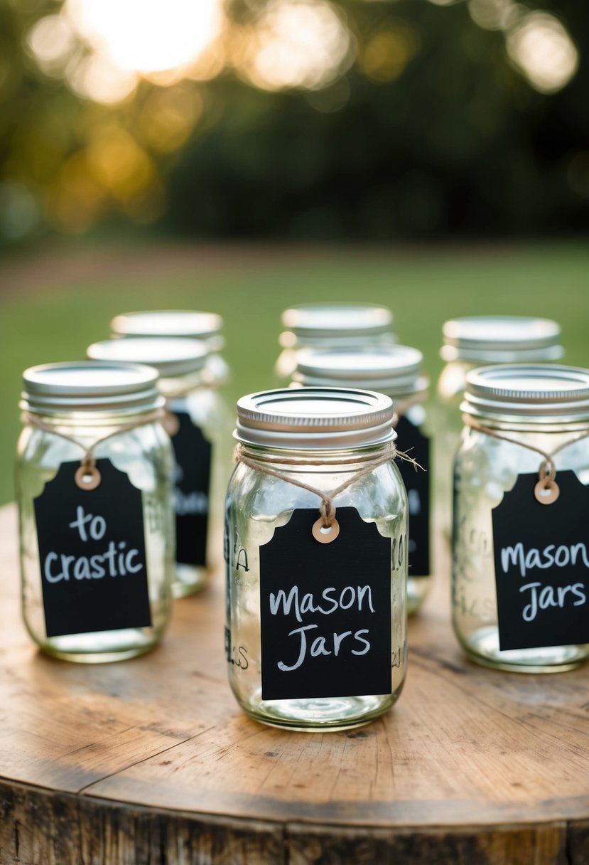 Mason jars with chalkboard tags arranged in a rustic wedding setting