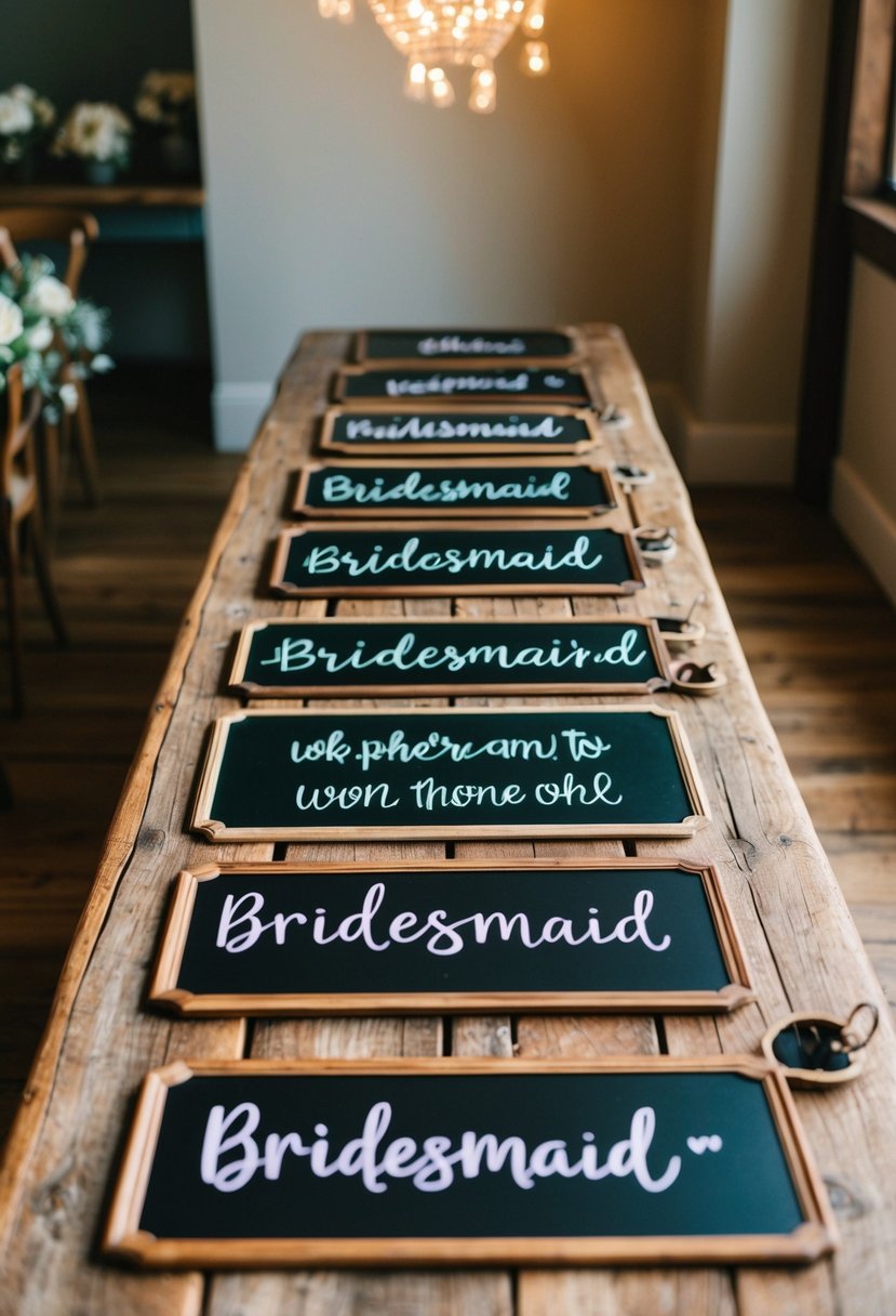 Bridesmaid chalkboard signs arranged on a rustic wooden table